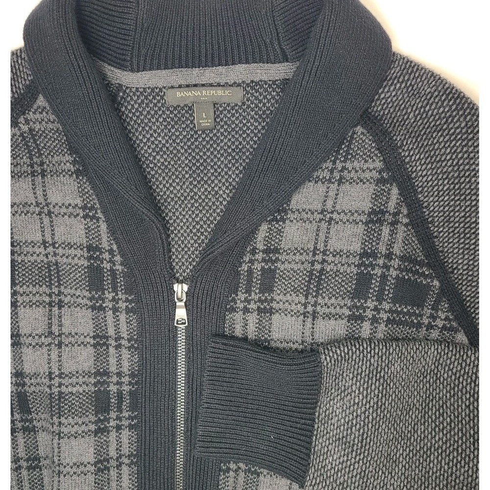 Banana Republic Mens L Zip Sweater Jacket Plaid Knit Shawl Collar Gray